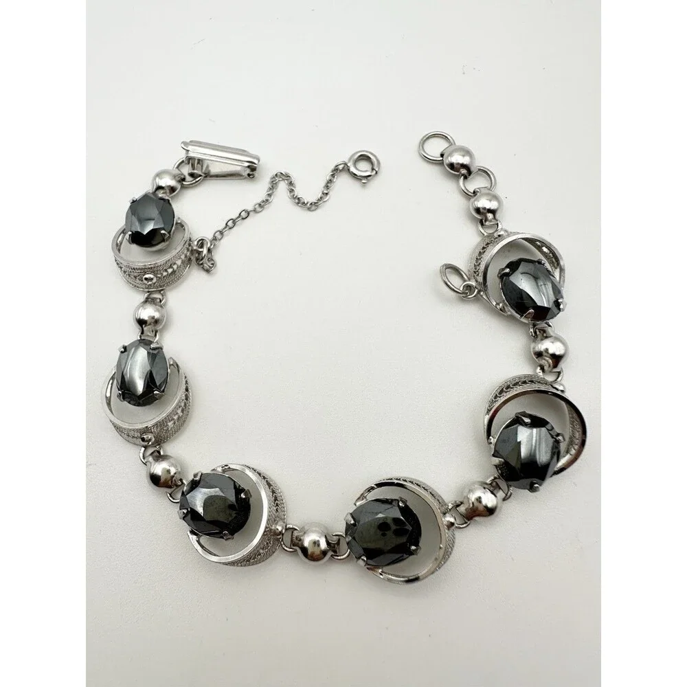 Vintage Sorrento Sterling Silver Rhodium Plated Hematite Bracelet 7.25”